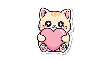 Obraz premium Cute Kawaii Kitten Holding Pink Heart, Adorable Cartoon Animal Sticker