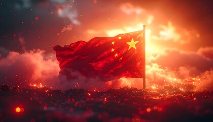 creative symbolic concept of china flag waving in soft mist with powerful red glow and golden stars