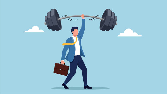 A businessman in a blue suit demonstrates incredible multitasking by effortlessly lifting a heavy barbell overhead with one hand while calmly carrying a briefcase in the other against a blue sky