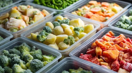 Obraz premium A vibrant collection of assorted frozen vegetables, including broccoli, potatoes, and bell peppers, neatly stored in plastic containers. Ideal for convenient meal preparation and food storage.