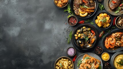 A selection of gourmet dishes artfully arranged on a dark textured background. The image features various meats, seafood, and vegetables in an elegant setting, showcasing vibrant colors and diverse cu
