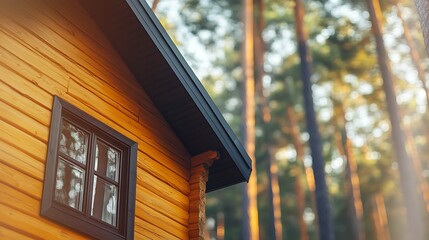 Cozy wooden cabin in serene forest setting with warm sunlight