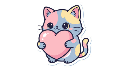 Obraz premium Cute Kawaii Cat Holding Pink Heart, Adorable Cartoon Animal Illustration