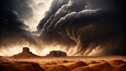 Desert landscape with sandstorm and cloudy sky concept. Dramatic desert landscape with dark storm clouds and sand dunes.