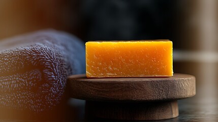 Artisanal orange soap on wooden pedestal with towel