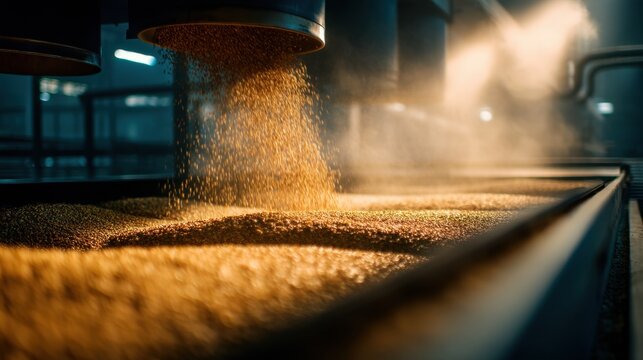 Grain flows from a hopper into a large container inside a factory. The scene shows machinery and lighting typical of an industrial environment during evening hours.