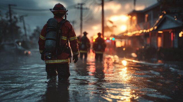 Emergency services rushing to natural disaster scene concept. Firefighters bravely navigate flooded streets during an emergency.