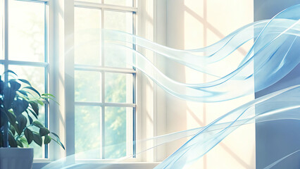 Abstract blue swirls forming tornado wind effect concept. Soft curtains swaying gently in the breeze by a sunlit window.