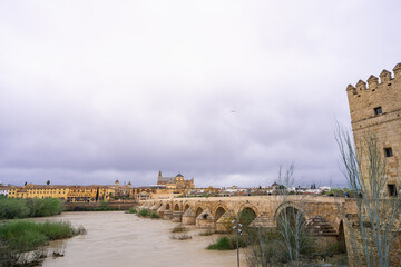 The ancient Roman Bridge of Cordoba spans the Guadalquivir River, leading toward the historic Mezquita under a dramatic cloudy sky in Spain.