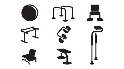 Various fitness equipment icons representing different exercise routines and gym activities in a simple illustration style.