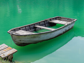 Obraz premium Weathered wooden rowboat partially submerged in vibrant turquoise water next to a small wooden pier, reflecting the bright green lake