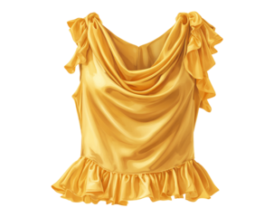 Elegant golden silk blouse with ruffles and bow details isolated on a transparent background