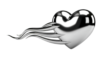 Sleek metallic silver heart with abstract flowing chrome elements on black.