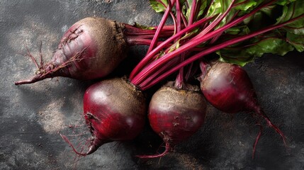 A cluster of fresh red beetroots with vibrant stems and leaves, displayed on a dark, rustic surface. The image highlights the organic texture and deep color of the beets, perfect for natural food them