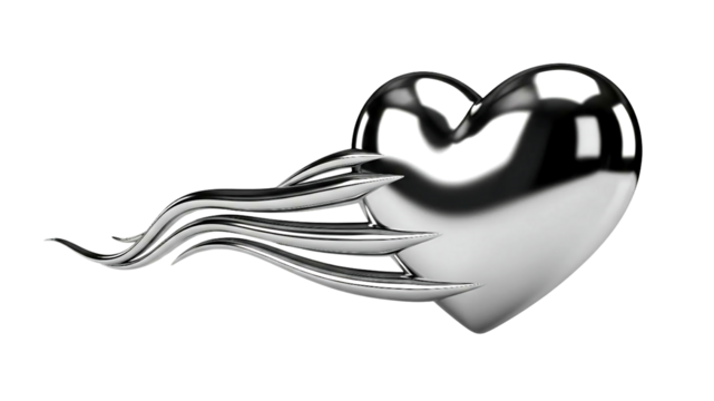 Sleek metallic silver heart with abstract flowing chrome elements on black. - Powered by Adobe