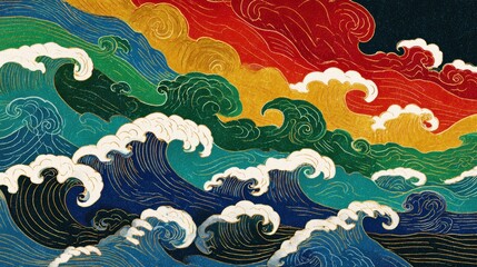 crashing waves and clouds forming a vertical rainbow gradient. The colors act as a flowing spectrum, starting from deep black-navy and dark blue at the bottom waves, transitioning smoothly upwards thr
