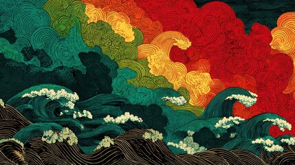 crashing waves and clouds forming a vertical rainbow gradient. The colors act as a flowing spectrum, starting from deep black-navy and dark blue at the bottom waves, transitioning smoothly upwards thr