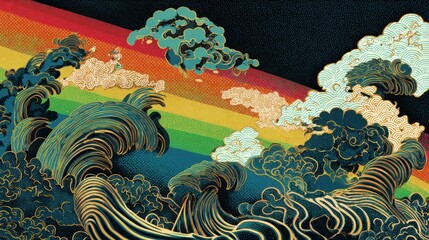 crashing waves and clouds forming a vertical rainbow gradient. The colors act as a flowing spectrum, starting from deep black-navy and dark blue at the bottom waves, transitioning smoothly upwards thr