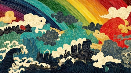crashing waves and clouds forming a vertical rainbow gradient. The colors act as a flowing spectrum, starting from deep black-navy and dark blue at the bottom waves, transitioning smoothly upwards thr