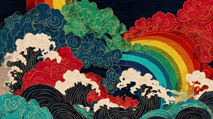 crashing waves and clouds forming a vertical rainbow gradient. The colors act as a flowing spectrum, starting from deep black-navy and dark blue at the bottom waves, transitioning smoothly upwards thr
