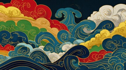 crashing waves and clouds forming a vertical rainbow gradient. The colors act as a flowing spectrum, starting from deep black-navy and dark blue at the bottom waves, transitioning smoothly upwards thr