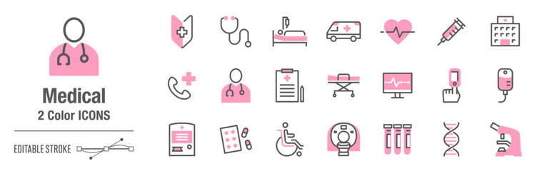 抜け感のあるカジュアルな２色・アイコンセット｜医療・病院関連 [線の編集可能]