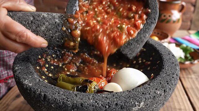 Preparing Salsa in a Molcajete.