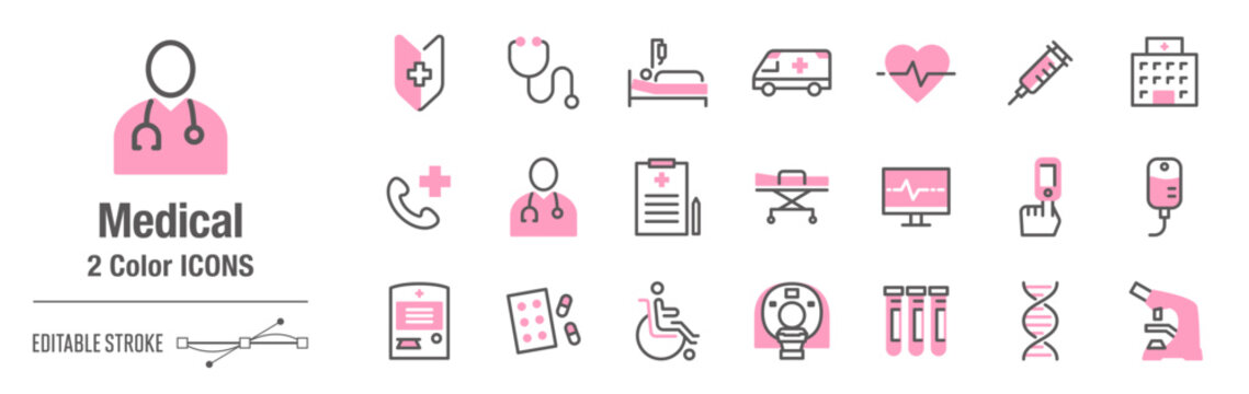 抜け感のあるカジュアルな２色・アイコンセット｜医療・病院関連 [線の編集可能]
