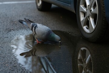 Pigeon drinking from puddle next to parked car