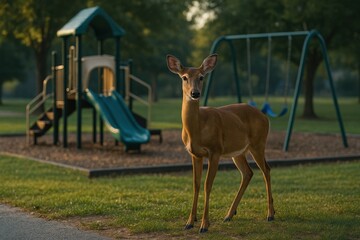 Deer standing near playground in early morning light