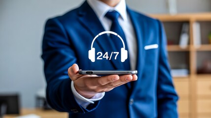 Businessman holding smartphone with 24 7 customer support service concept
