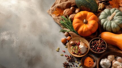 Colorful pumpkins nuts and spices are arranged on a rustic table. Various autumn fruits are placed beside decorative leaves creating a seasonal display suitable for fall.