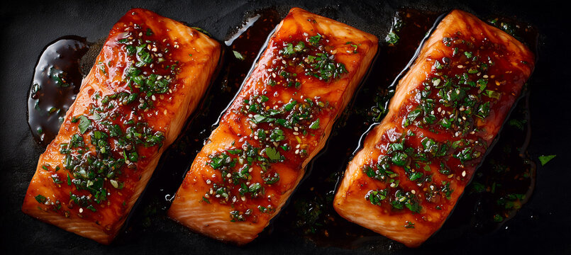 Grilled salmon fillets with fresh herbs on a dark plate