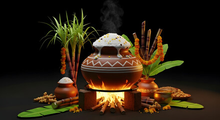 Pongal festival elements pongal pot cooking with traditional method illustrations with 3d style in black background	