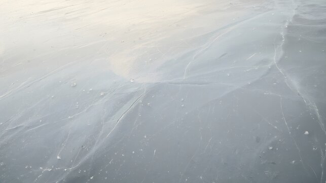 Frozen lake surface with ice cracks and scratches viewed from above in a serene winter landscape