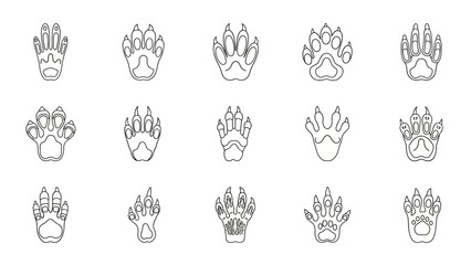 A collection of various animal paw prints and tracks in line art style, illustrating different species' footprints for identification.