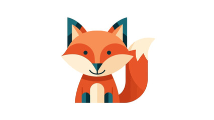 Obraz premium A cute, stylized cartoon fox with orange fur and blue accents sitting and looking forward on a white background, in a flat design style.