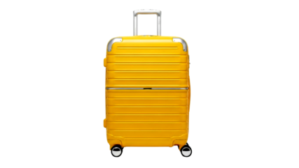Vibrant yellow hardshell travel suitcase with wheels and handle on black background