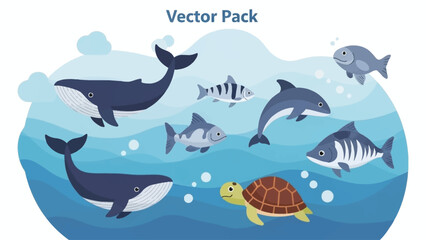 Fototapeta premium Cartoon vector pack illustration of various marine animals including whales, dolphins, sharks, fish, and a sea turtle in blue ocean water.