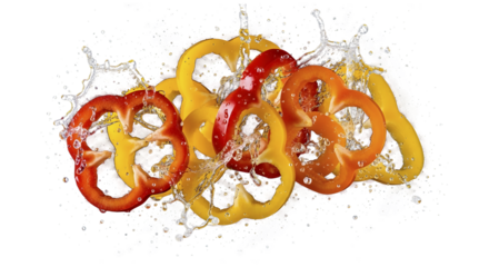 Fresh vegetables, including red and yellow bell pepper slices, splashing in water, isolated on a transparent background.
