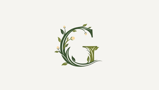 Elegant letter g adorned with green leaves and delicate floral buds
