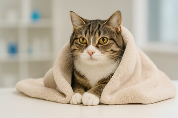 Cute Tabby Cat Wrapped in Soft Blanket