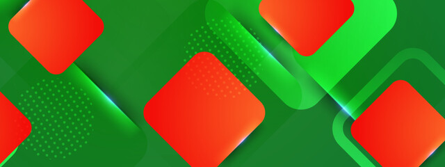 Red squares and green shapes in an abstract background