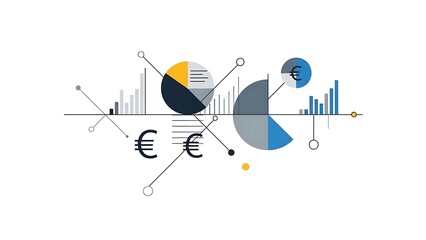 An intricate abstract illustration depicting financial growth and analysis with interconnected charts, pie graphs, data points, and prominent Euro currency symbols.