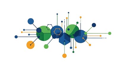 A vibrant abstract network illustration featuring interconnected green spheres and blue hexagons with radiating lines and colored dots, symbolizing connection and technology.