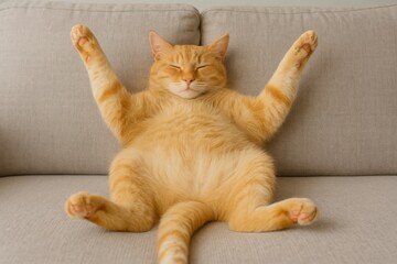 Ginger Cat Sleeping on Couch with Paws in the Air