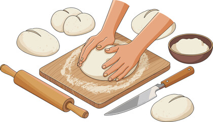 Bread making illustration with hands kneading dough on wooden board, baking tools, fresh dough portions, homemade bakery preparation process scene