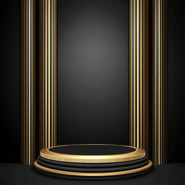 Black and gold luxurious background with vertical striped columns and a circular multi-tiered display podium