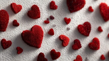 Valentine’s Day preparation with red hearts scattered on a light background for a romantic atmosphere