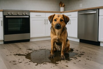 Wet muddy dog sitting in kitchen mess